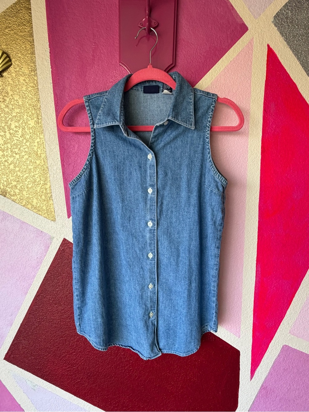 Vintage GAP Sleeveless Denim Chambray Shirt Sz S Made in Hong Kong 90s